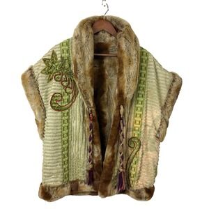 Faux Fur Vest Jacket Embroidered Boho Gypsy Hippie Brown Green Unique Women M-XL